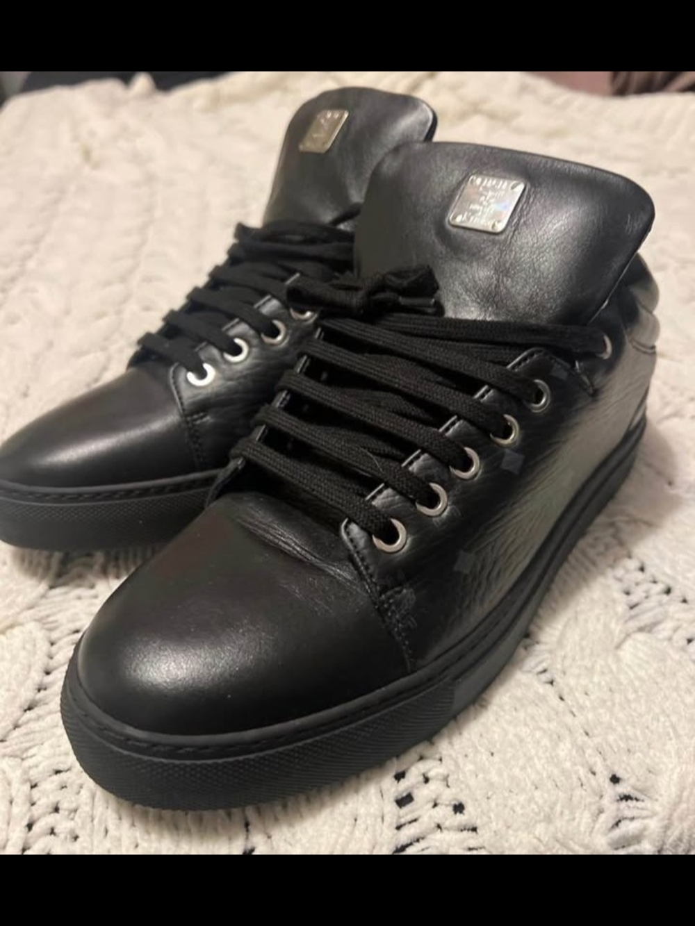 MCM Black Leather High-Top Sneakers with Metal Logo Plaque